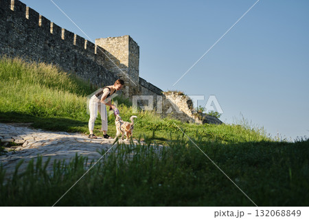 Young woman plays with red merle Border Collie puppy near Kalemegdan historic stone fortress wall under clear blue sky. Travel with dog concept Young woman plays with red merle Border Collie puppy near Kalemegdan historic stone fortress wall under clear blue sky. Travel with dog concept 132068849
