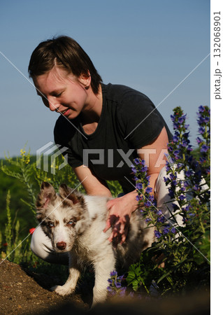Smiling woman holds red merle Border Collie puppy among wildflowers on a sunny day, bonding and enjoying nature 132068901