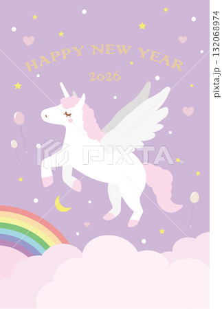 午年の年賀状2026年 夢の空を駆けるユニコーン 午年の年賀状2026年 夢の空を駆けるユニコーン 132068974