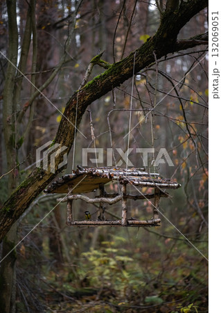 Bird feeder in the autumn forest with watercolor bokeh. 132069051