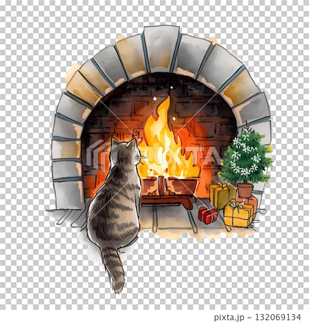 一隻貓坐在壁爐旁，旁邊有聖誕禮物和一棵小樹（水彩插圖） 132069134