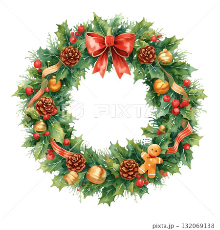 ヒイラギ、松ぼっくり、赤いリボンで飾られた伝統的なクリスマスリース（水彩風） 132069138