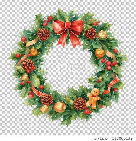 ヒイラギ、松ぼっくり、赤いリボンで飾られた伝統的なクリスマスリース（水彩風） 132069138