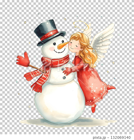 雪夜裡，可愛的天使親吻微笑的雪人（水彩插圖） 132069140