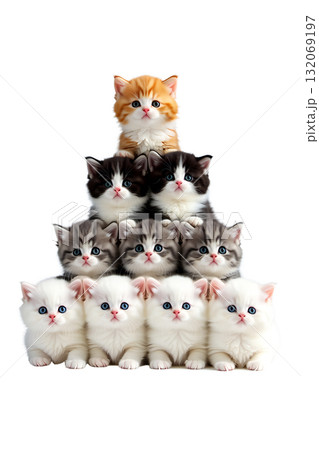 Pyramid of adorable fluffy kittens of different breeds and colors stacked playfully, cute chaotic collection isolated on transparent background 132069197