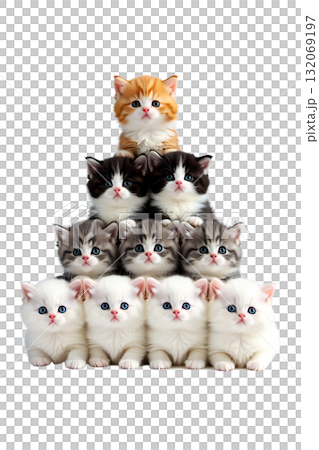 Pyramid of adorable fluffy kittens of different breeds and colors stacked playfully, cute chaotic collection isolated on transparent background 132069197