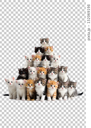 Pyramid of adorable fluffy kittens of different breeds and colors stacked playfully, cute chaotic collection isolated on transparent background 132069198