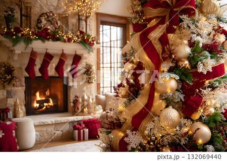 Warm Christmas fireplace scene glows with decorated tree and stockings. 132069440