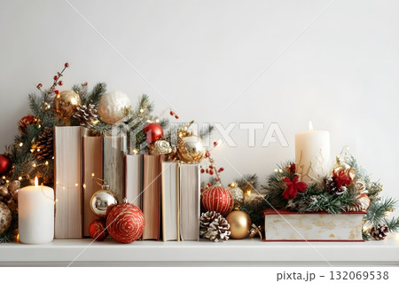 Christmas books arranged with decorations create a festive scene. 132069538