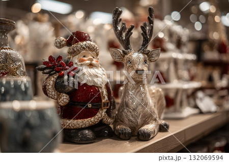 Christmas Santa with reindeer decoration sits on shelf. Christmas Santa with reindeer decoration sits on shelf. 132069594