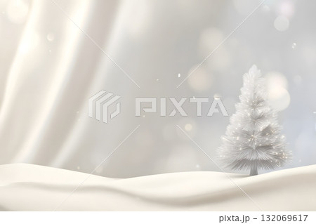 Christmas tree stands in soft snow with gentle falling snow. 132069617