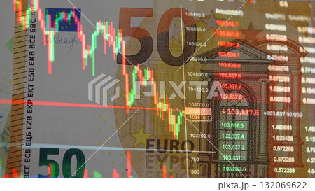 Red and green candlestick chart overlaying euro banknotes, illustrating financial markets, economic trends, inflation, and global financial stability. Red and green candlestick chart overlaying euro banknotes, illustrating financial markets, economic trends, inflation, and global financial stability. 132069622