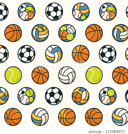 ボールシリーズ：円形リース風に並んだボールの装飾的パターン 132069657