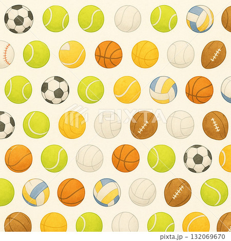 ボールシリーズ:等間隔に並んだスポーツボールの総柄パターン ボールシリーズ:等間隔に並んだスポーツボールの総柄パターン 132069670