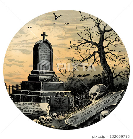 A graveyard scene with a tombstone and a tree A graveyard scene with a tombstone and a tree 132069756