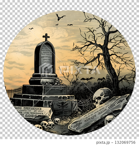 A graveyard scene with a tombstone and a tree A graveyard scene with a tombstone and a tree 132069756