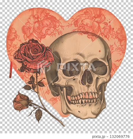 Vintage retro illustration of skull with heart Vintage retro illustration of skull with heart 132069776