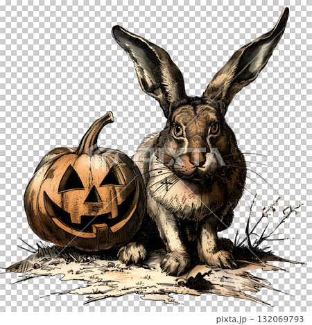 Vintage illustration of a rabbit with pumpkin for Halloween Vintage illustration of a rabbit with pumpkin for Halloween 132069793