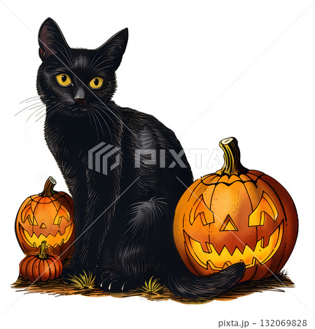 Vintage illustration of a black cat with pumpkin for Halloween Vintage illustration of a black cat with pumpkin for Halloween 132069828