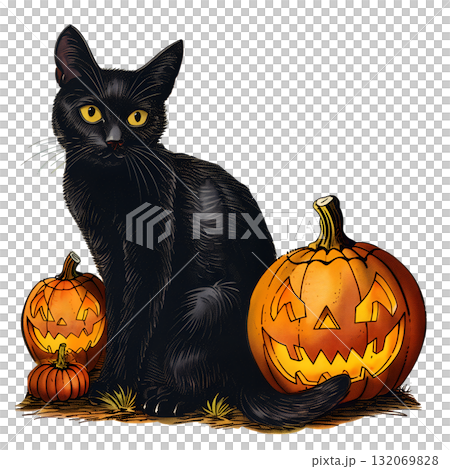 Vintage illustration of a black cat with pumpkin for Halloween Vintage illustration of a black cat with pumpkin for Halloween 132069828