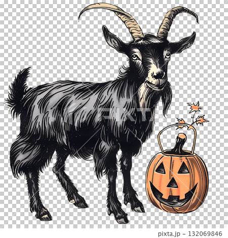 Goat with pumpkin cut out vintage illustration Goat with pumpkin cut out vintage illustration 132069846