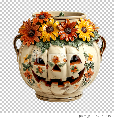 A pumpkin pot with a flowers retro cut out illustration 132069849