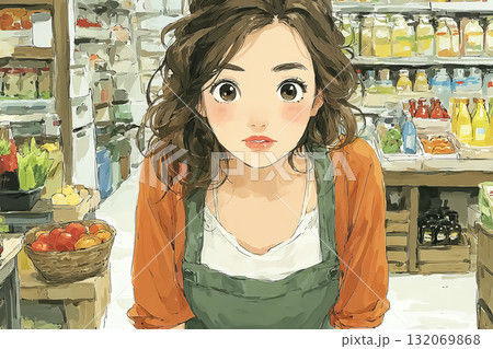 スーパーのバックヤードでエプロン姿の美優が開店前の準備をしているシーン 132069868