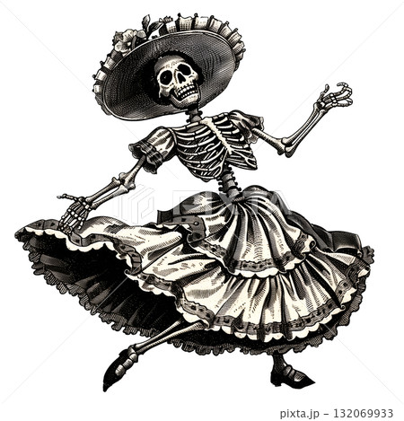 Vintage illustration of dancing skeleton for Halloween Vintage illustration of dancing skeleton for Halloween 132069933