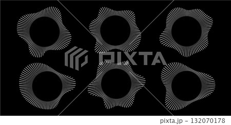 Circular sound waves. Abstract circular lines pattern. Music audio bursts. Ring of thin rays with wavy silhouette. Radial spectrum design. White geometric waveform vector set isolated on black 132070178