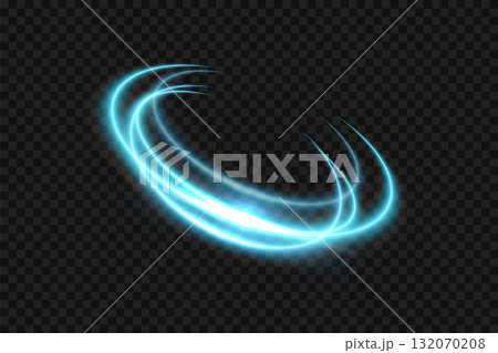 Blue light neon glow swirl background. Blue light glowing circle line of neon effect. Shiny spiral spin ring with flare and flash. Vector illustration of glitter sparkle swirl trail effect on black 132070208