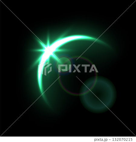 Solar eclipse overlay effect on black background vector illustration. Neon green blazing star edge behind planet in dark sky or space, sunrise in cosmos 132070215