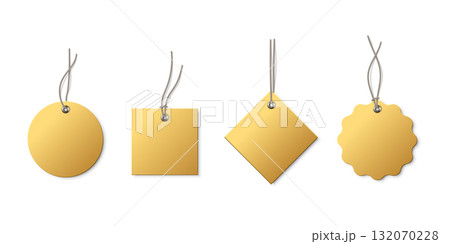 Golden tags set. Gold blank labels mockups. Yellow paper empty stickers of different shapes for price, sales, gifts, presents. Realistic vector illustrations collection isolated on white background 132070228
