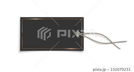 Black rectangular hanging tag with gold borders. Blank labels mockup. Paper empty sticker for price, sales, gifts, presents. Realistic vector illustration isolated on white background Black rectangular hanging tag with gold borders. Blank labels mockup. Paper empty sticker for price, sales, gifts, presents. Realistic vector illustration isolated on white background 132070231