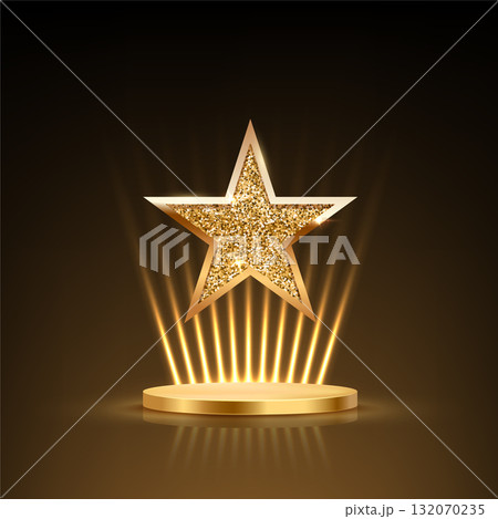 Gold podium with glitter star on top and spotlights rays. Golden award platform isolated on black background. Abstract vector illustration for product presentation or winner ceremony 132070235