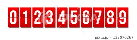 Flip countdown numbers set. Red flipboard display with numbers from 0 to 9 isolated on white background. Vector illustration in design of old-fashioned analog scoreboard or airport departure board Flip countdown numbers set. Red flipboard display with numbers from 0 to 9 isolated on white background. Vector illustration in design of old-fashioned analog scoreboard or airport departure board 132070267