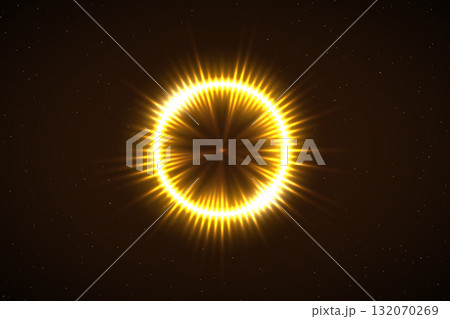 Solar eclipse with lights flares. Sun eclipse with glowing golden corona and radiant light flares in space. Darkened planet with bright shine. Abstract vector illustration Solar eclipse with lights flares. Sun eclipse with glowing golden corona and radiant light flares in space. Darkened planet with bright shine. Abstract vector illustration 132070269