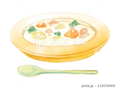 出来立てで暖かく美味しそうなクリームシチューとスプーンの手描き水彩イラスト 132070404