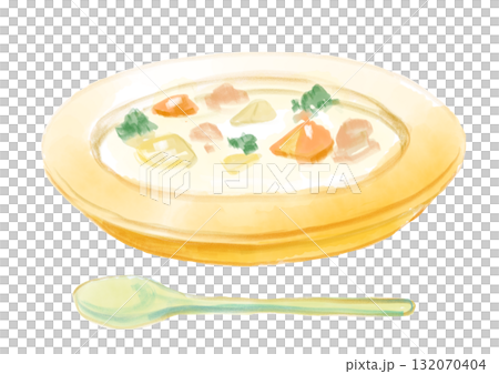 Hand-drawn watercolor illustration of a fresh, warm, delicious-looking cream stew and spoon 132070404