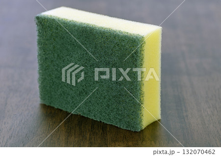 Green scrub sponge cleaning sponge kitchen sponge dish sponge household cleaning scrubber abrasive pad yellow foam porous hygiene 132070462