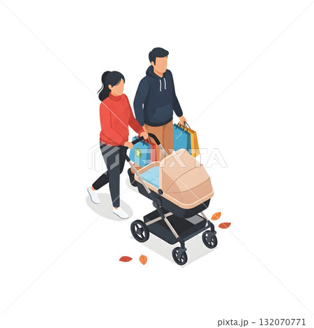 子育て夫婦のアイソメトリックイラスト 子育て夫婦のアイソメトリックイラスト 132070771