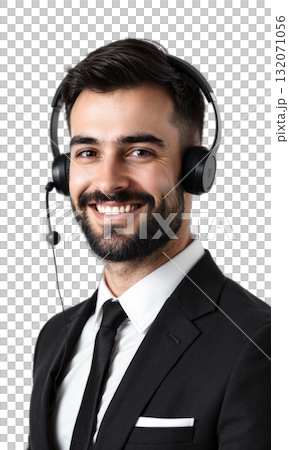 Agent Headset Smiling. A Caucasian man with short dark hair and a beard, wearing a black suit, white shirt, black Agent Headset Smiling. A Caucasian man with short dark hair and a beard, wearing a black suit, white shirt, black 132071056