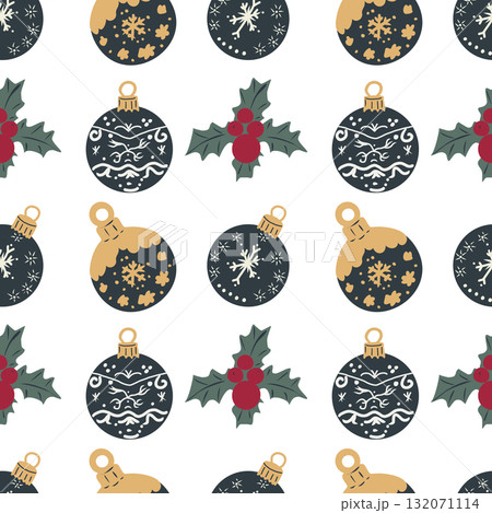 Christmas hand drawn vector festive seamless pattern with Christmas ornaments, snowmen, santa claus. 132071114