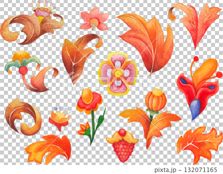 Watercolor medieval floral elements in red and ochre tones, isolated on white background. Watercolor medieval floral elements in red and ochre tones, isolated on white background. 132071165