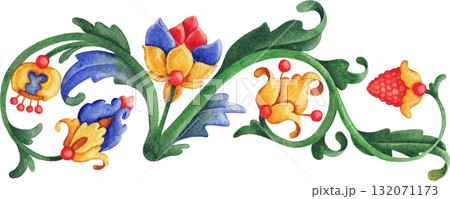 Elegant hand-painted watercolor ornament composed of leaves and flowers, inspired by medieval botanical motifs. Elegant hand-painted watercolor ornament composed of leaves and flowers, inspired by medieval botanical motifs. 132071173