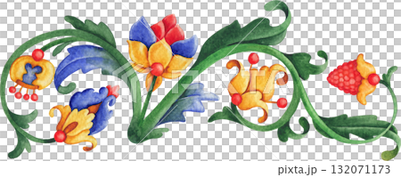 Elegant hand-painted watercolor ornament composed of leaves and flowers, inspired by medieval botanical motifs. Elegant hand-painted watercolor ornament composed of leaves and flowers, inspired by medieval botanical motifs. 132071173