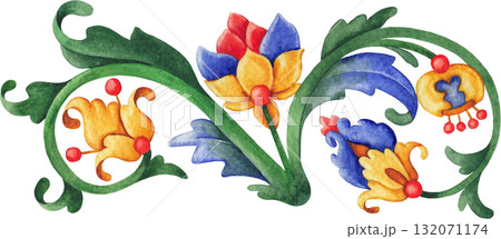 Elegant hand-painted watercolor ornament composed of leaves and flowers, inspired by medieval botanical motifs. 132071174