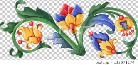 Elegant hand-painted watercolor ornament composed of leaves and flowers, inspired by medieval botanical motifs. 132071174