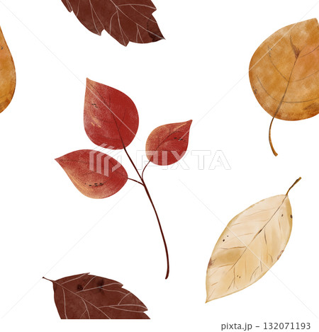 Charming autumn seamless pattern illustration with colorful fall leaves in various shades. Perfect for kids' books, seasonal decor, or nature-themed designs. Ideal for prints, cards, and crafts 132071193