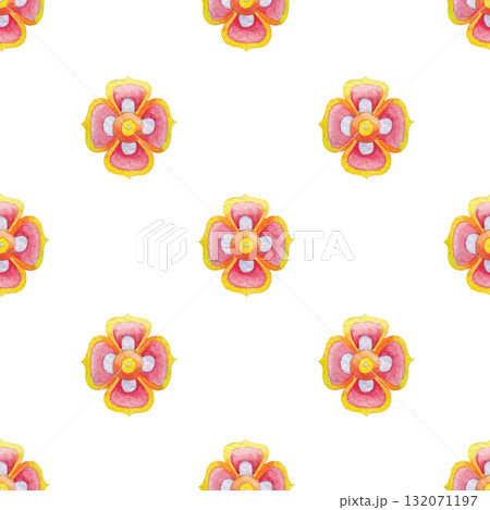 Seamless watercolor pattern with repeating four-petal flowers in yellow and red tones. 132071197