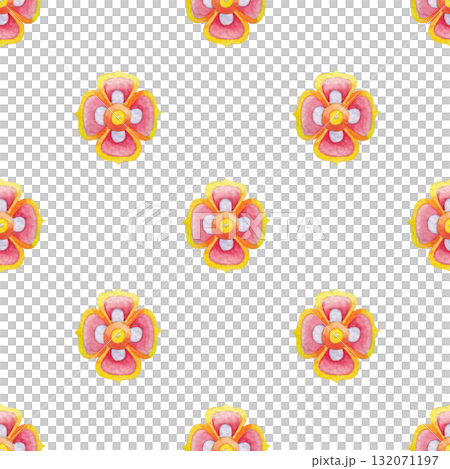 Seamless watercolor pattern with repeating four-petal flowers in yellow and red tones. 132071197